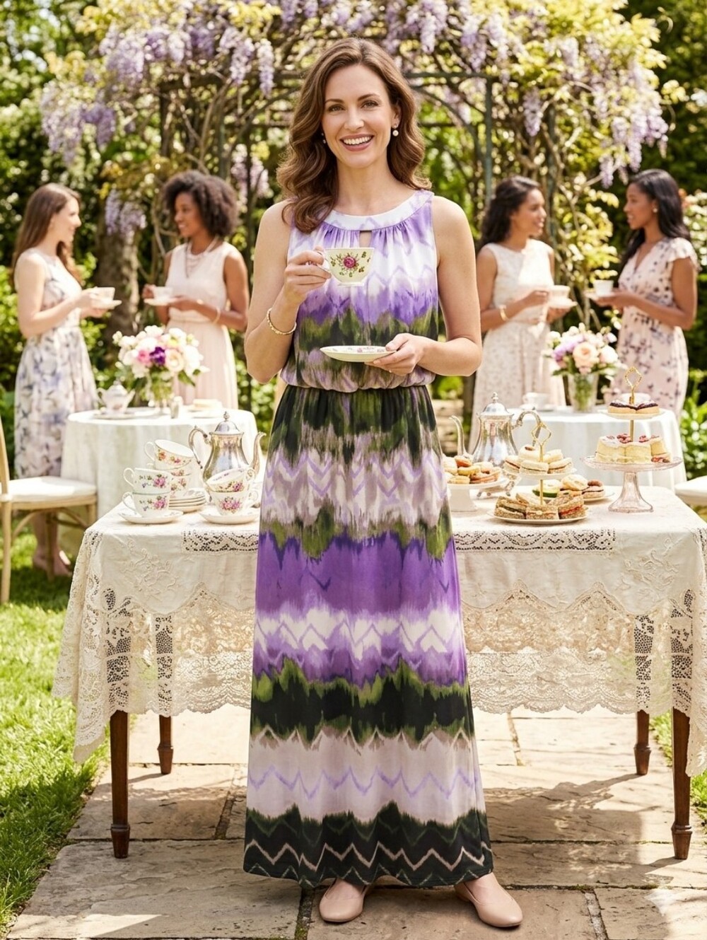 Sleeveless Purple & Green Tie-Dye Maxi Dress